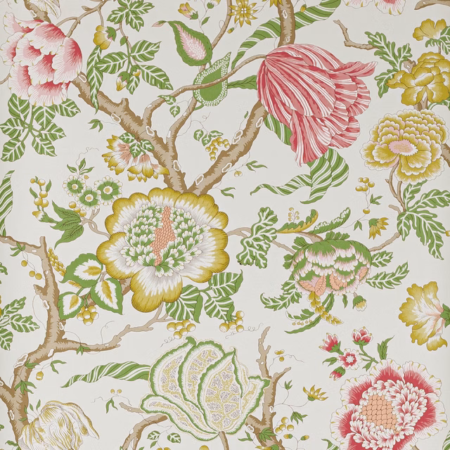Ivory botanical wallpaper with sage foliage, coral striped flower and muted yellow blooms