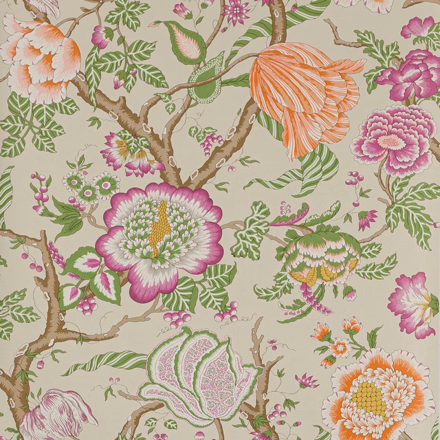 Pivoine wallpaper with coral blooms, magenta peonies, green leaves and branching stems on beige ground