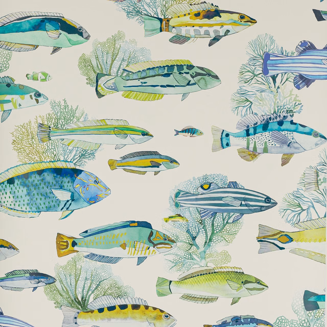 Aqua wallpaper with illustrated tropical fish, coral branches, turquoise, yellow and green details