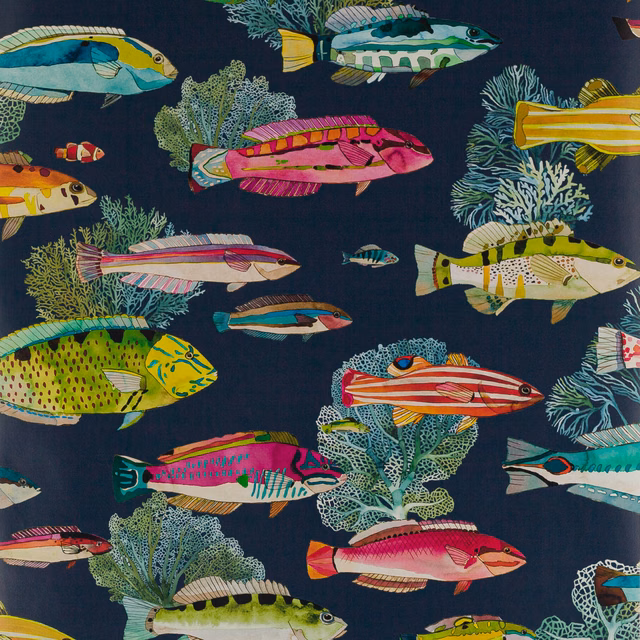 Vivid multicoloured fish and coral illustrations on a deep marine navy wallpaper
