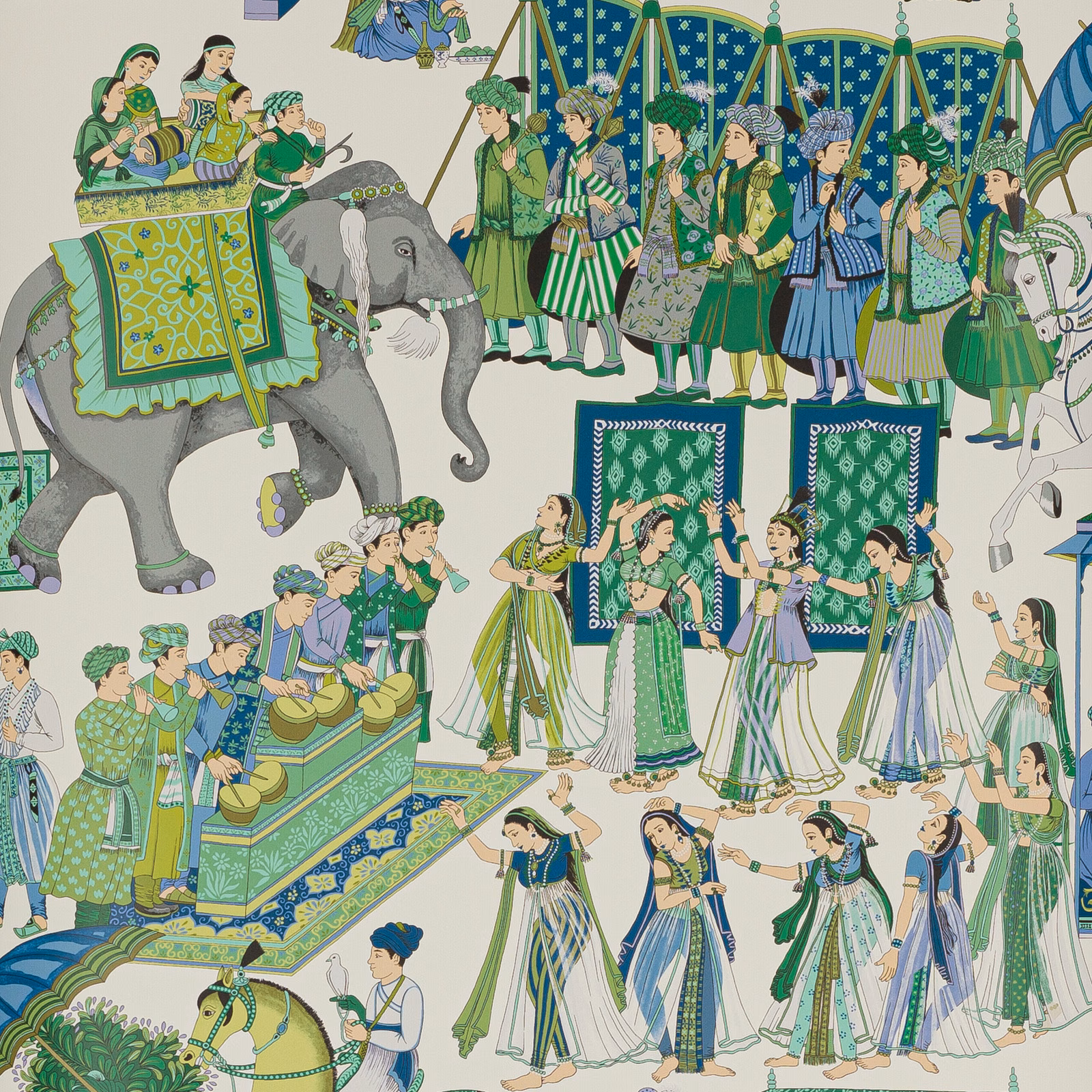 Bleu de Prusse wallpaper showing an elephant procession in blue, green and cream
