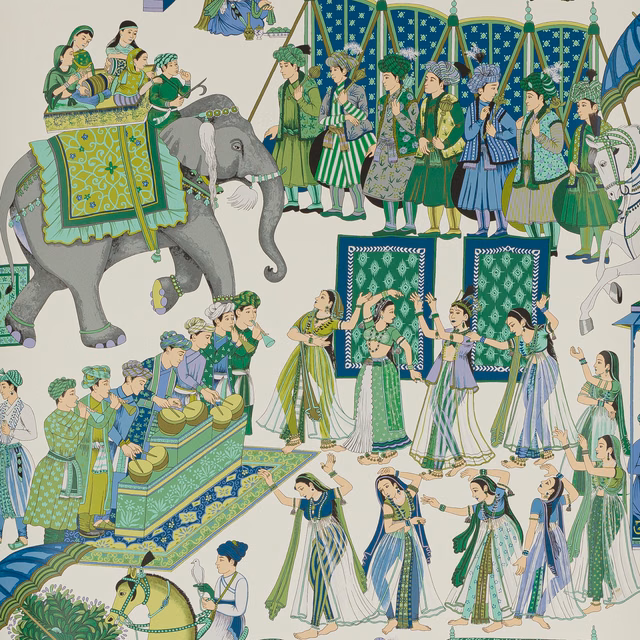 Bleu de Prusse wallpaper showing an elephant procession in blue, green and cream