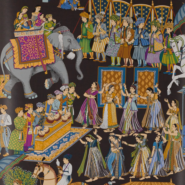 Charcoal wallpaper showing a colourful elephant procession with musicians and ornate figures