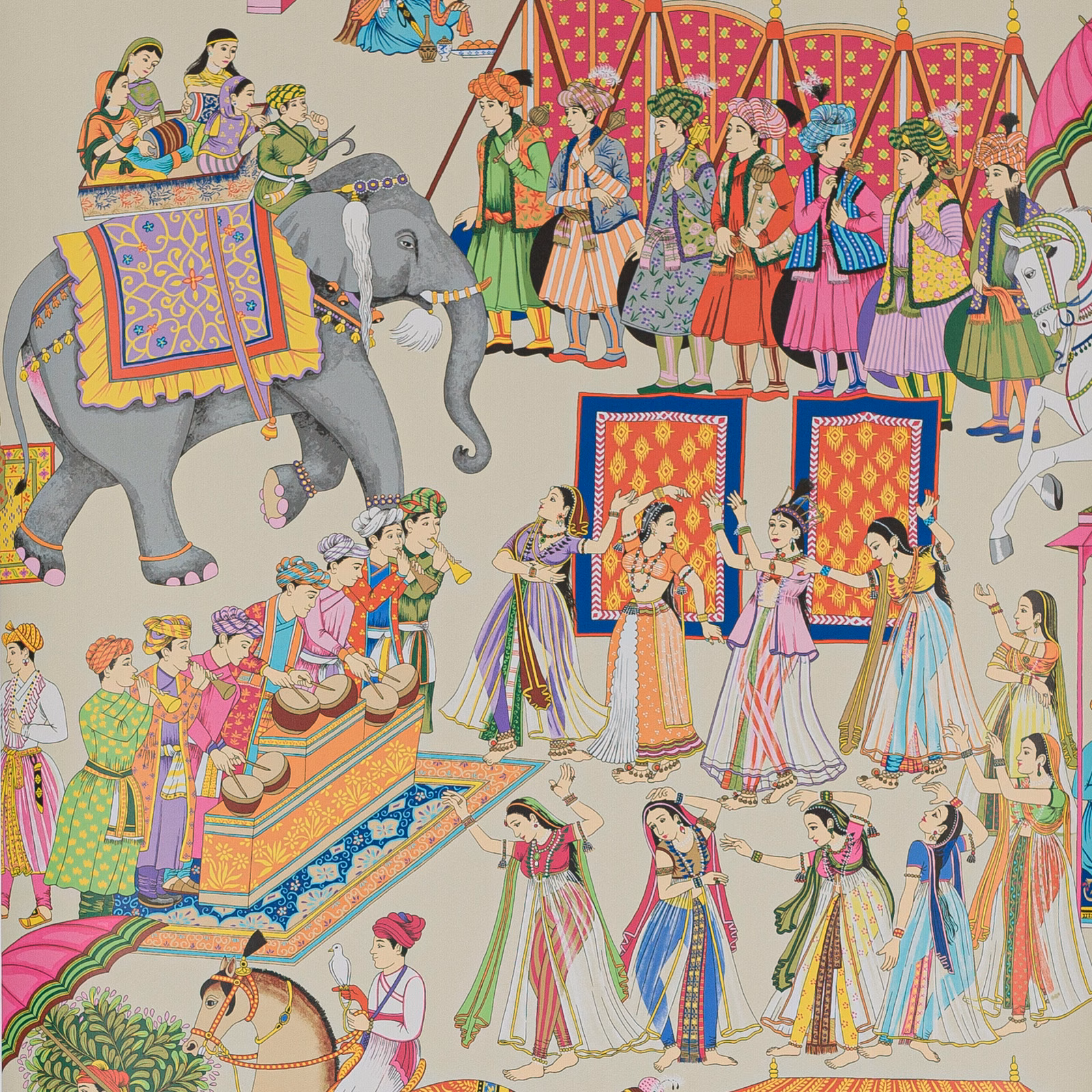 Rose Persan wallpaper showing a grey elephant, colourful processional figures and ornate patterned textiles