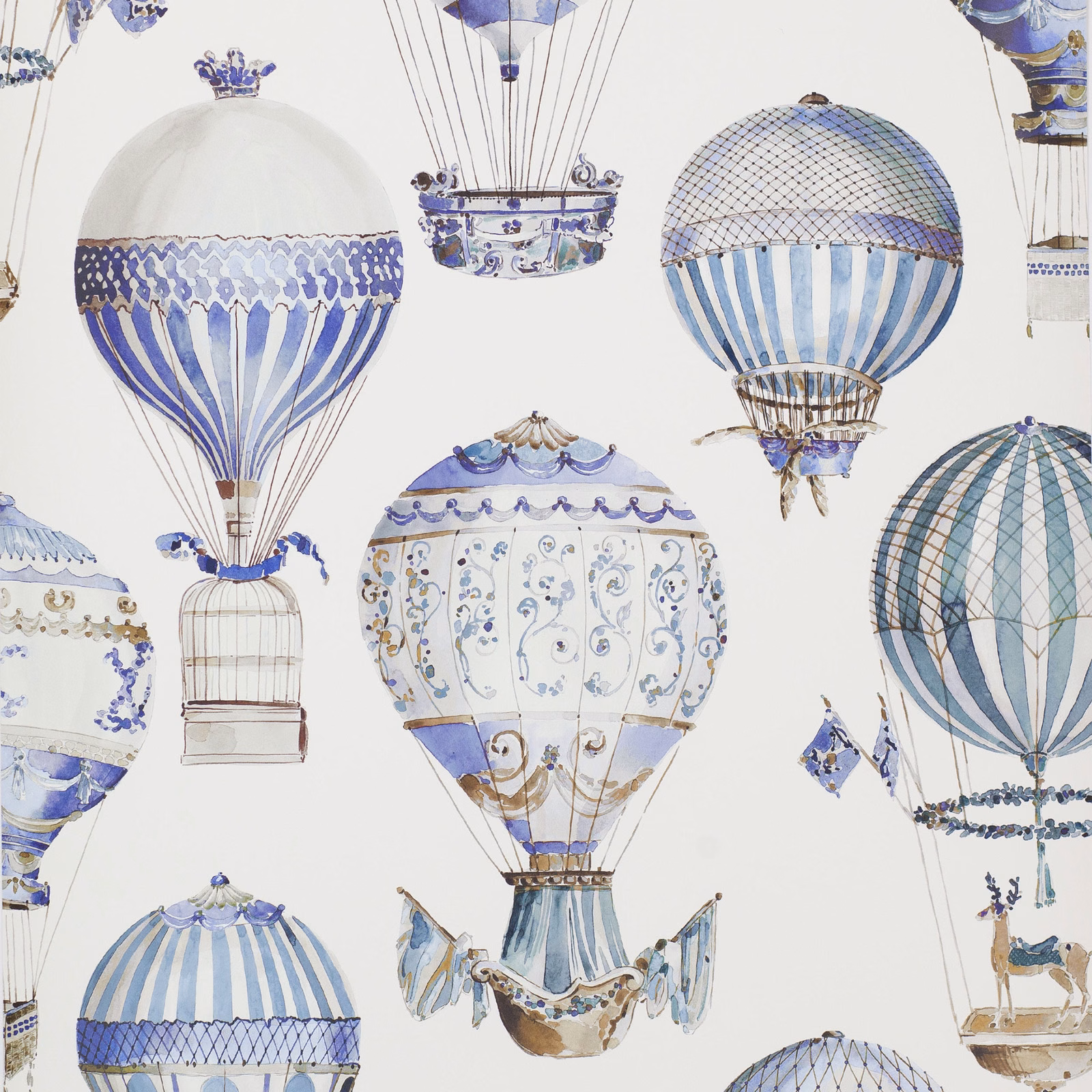 Periwinkle hot-air balloons with striped panels and ornate blue illustrated details on white wallpaper