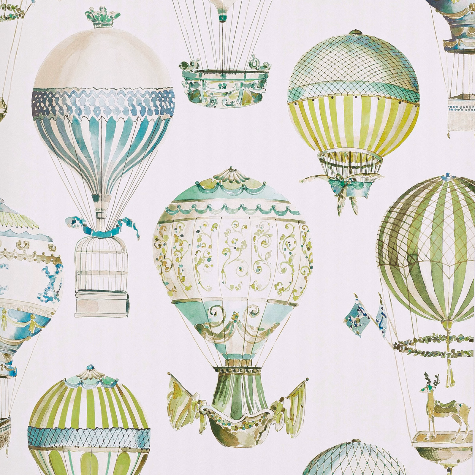 Jade and lime hot-air balloons floating across an ivory illustrated wallpaper ground