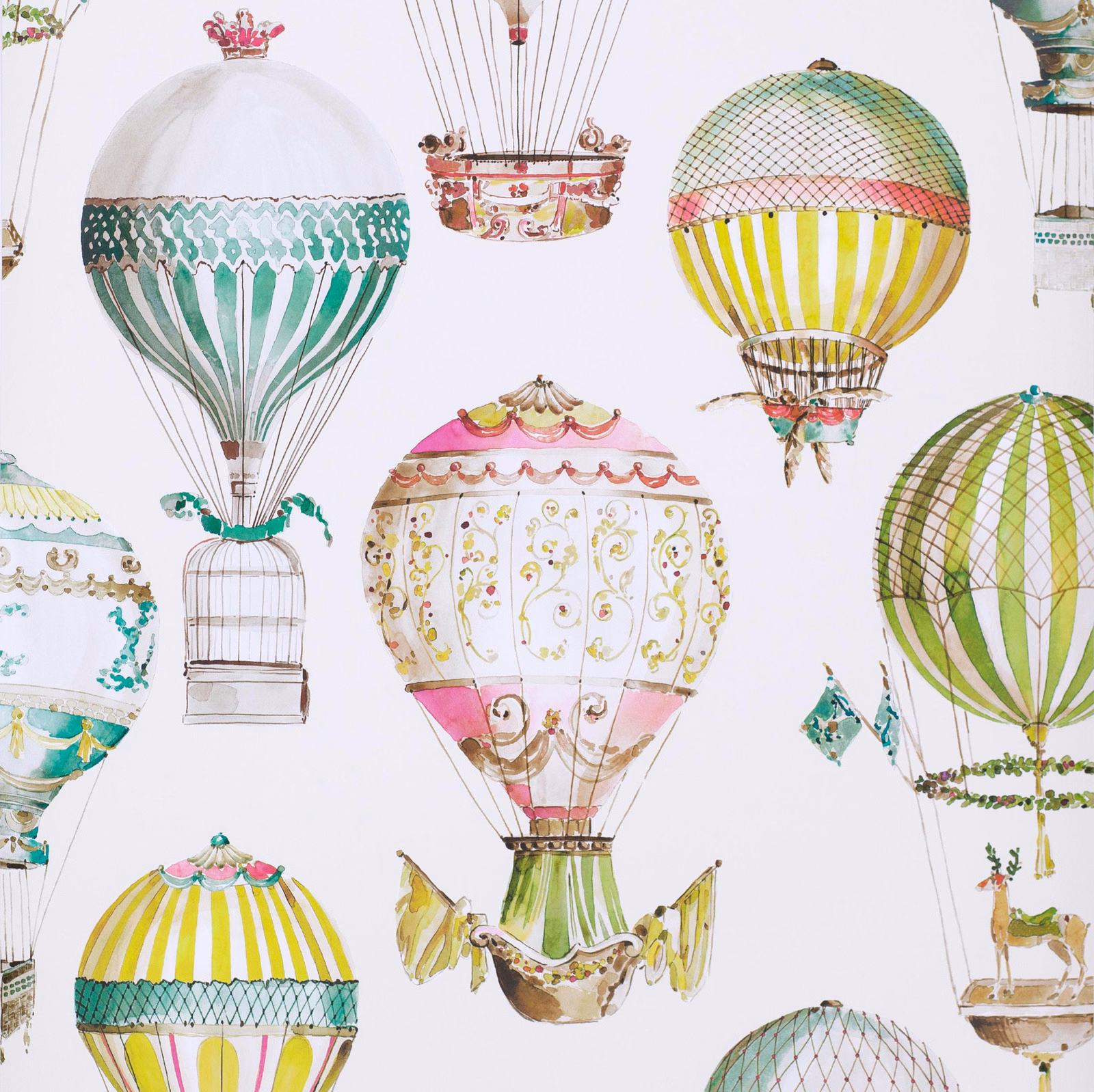 Pastel hot-air balloons in green, pink and yellow on a pale lilac ground