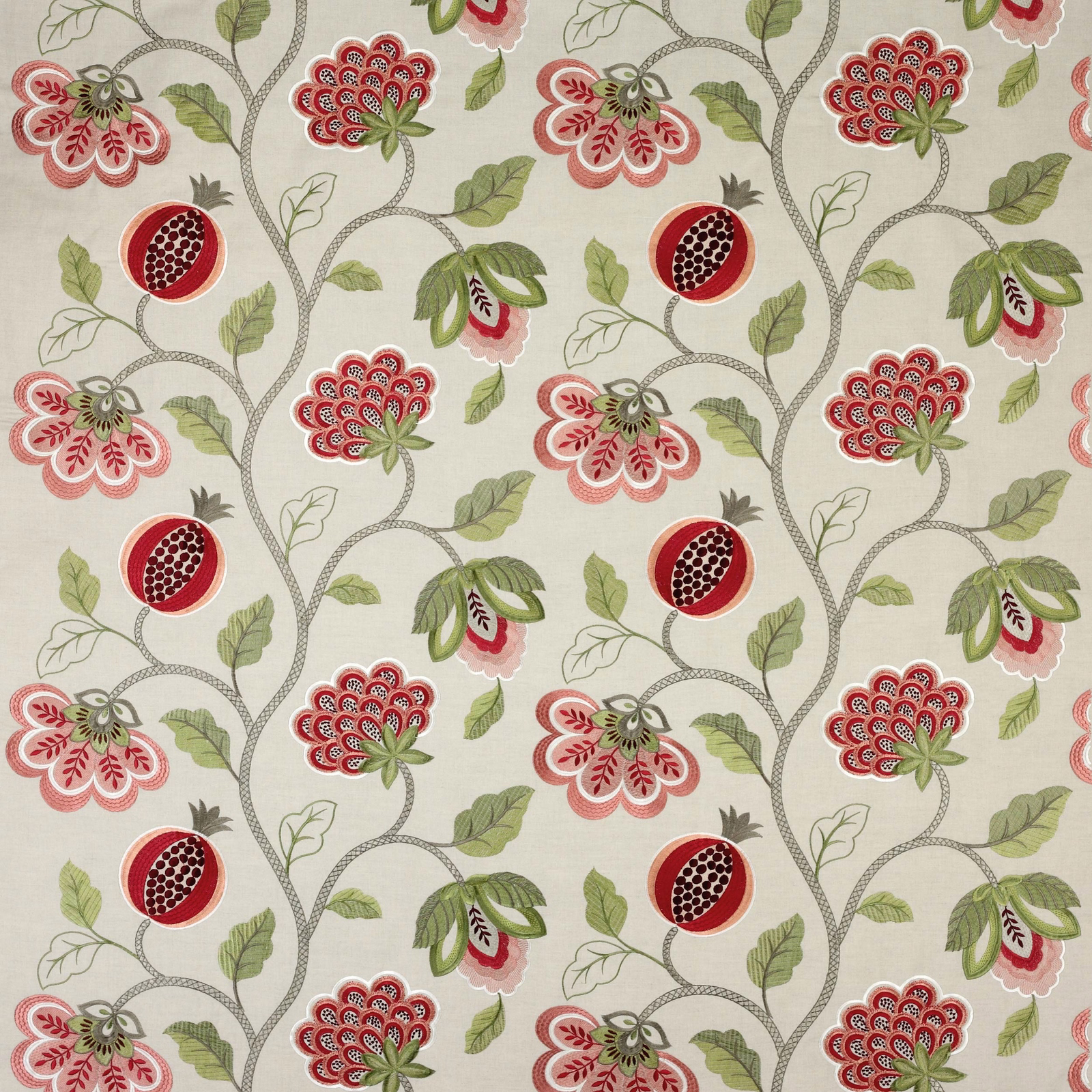 Red and green floral vine fabric on a linen ground with repeating round motifs