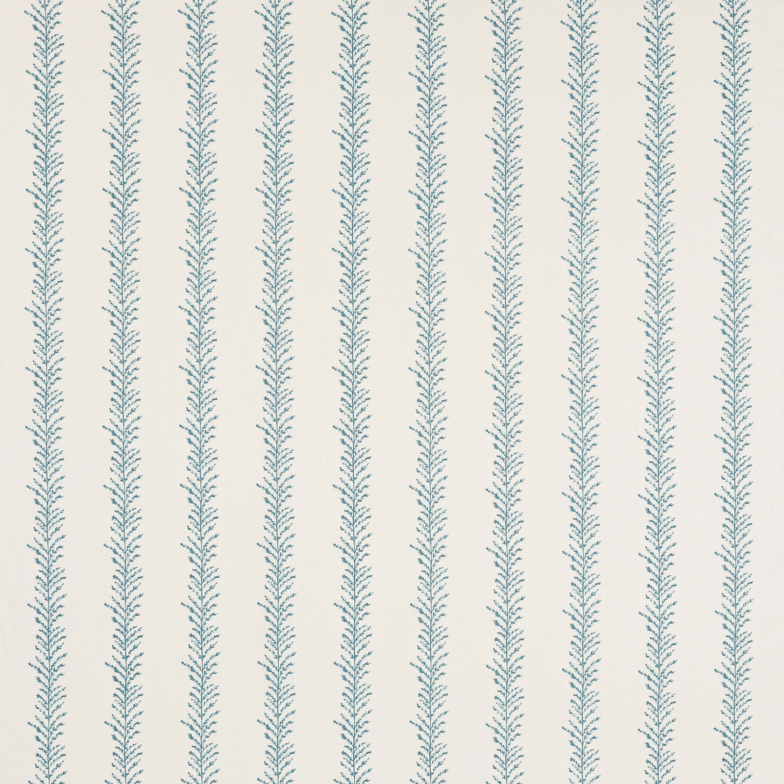 Cream linen fabric with narrow blue vine stripes on a plain ground