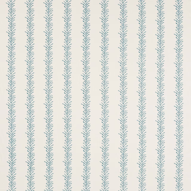 Cream linen fabric with narrow blue vine stripes on a plain ground