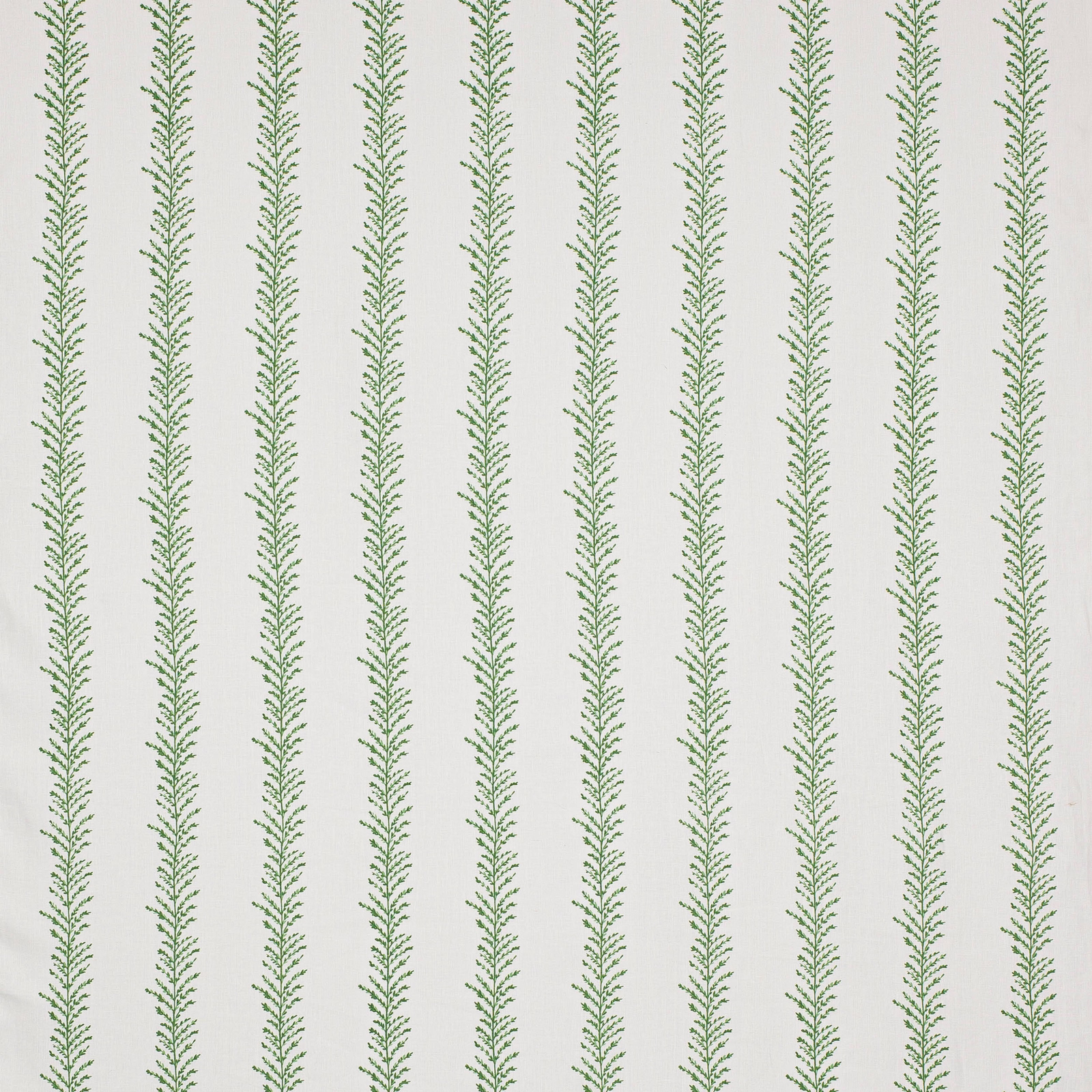 Pale linen fabric with narrow vertical green leaf stripes