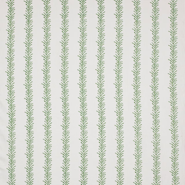 Pale linen fabric with narrow vertical green leaf stripes
