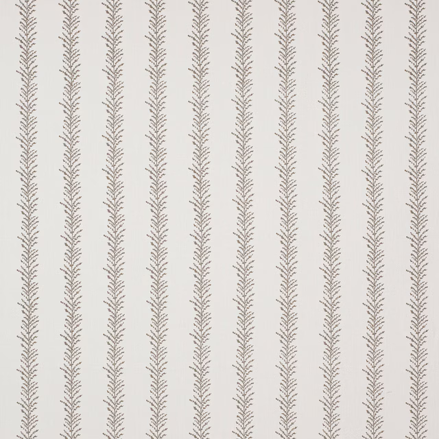 Pale linen fabric with narrow grey leaf stripes in vertical rows