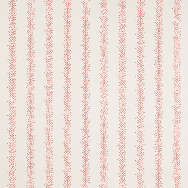 Pale blush pink leaf stripe on an ivory linen fabric swatch
