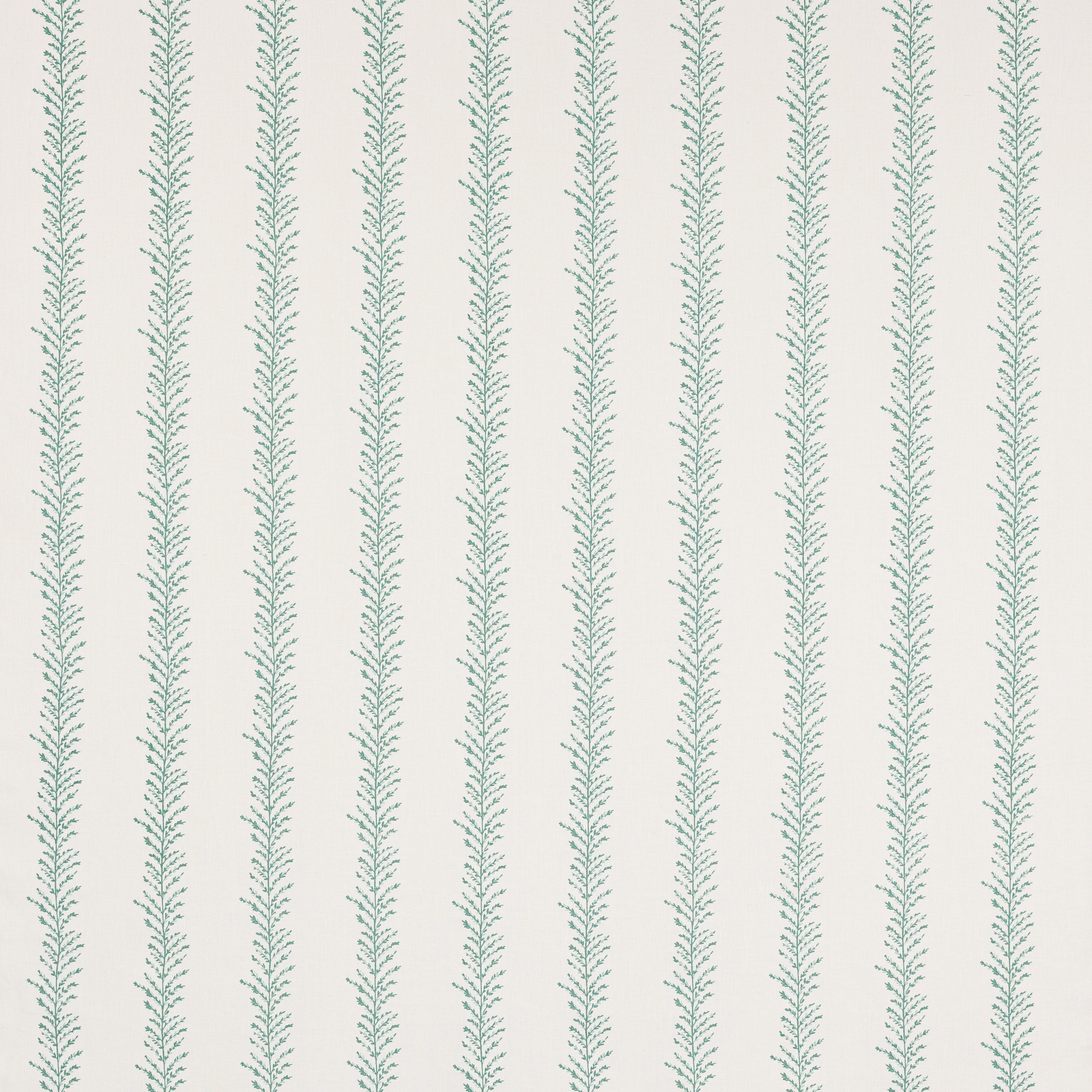 Pale linen fabric with narrow vertical teal leafy stripe pattern