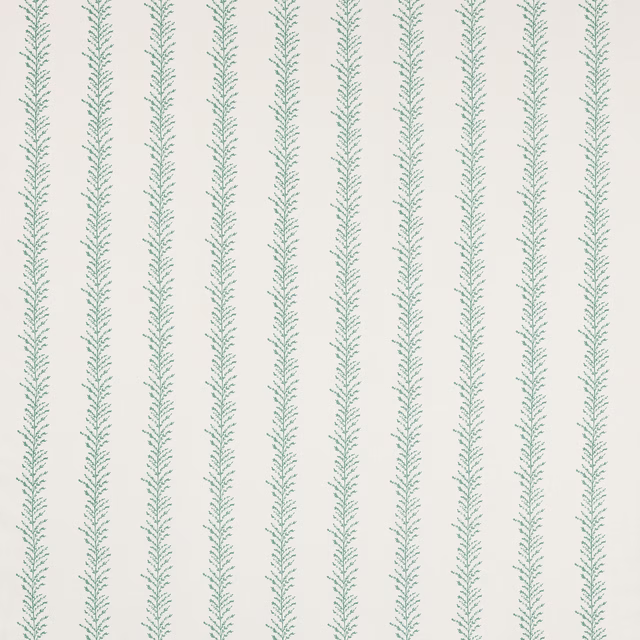 Pale linen fabric with narrow vertical teal leafy stripe pattern