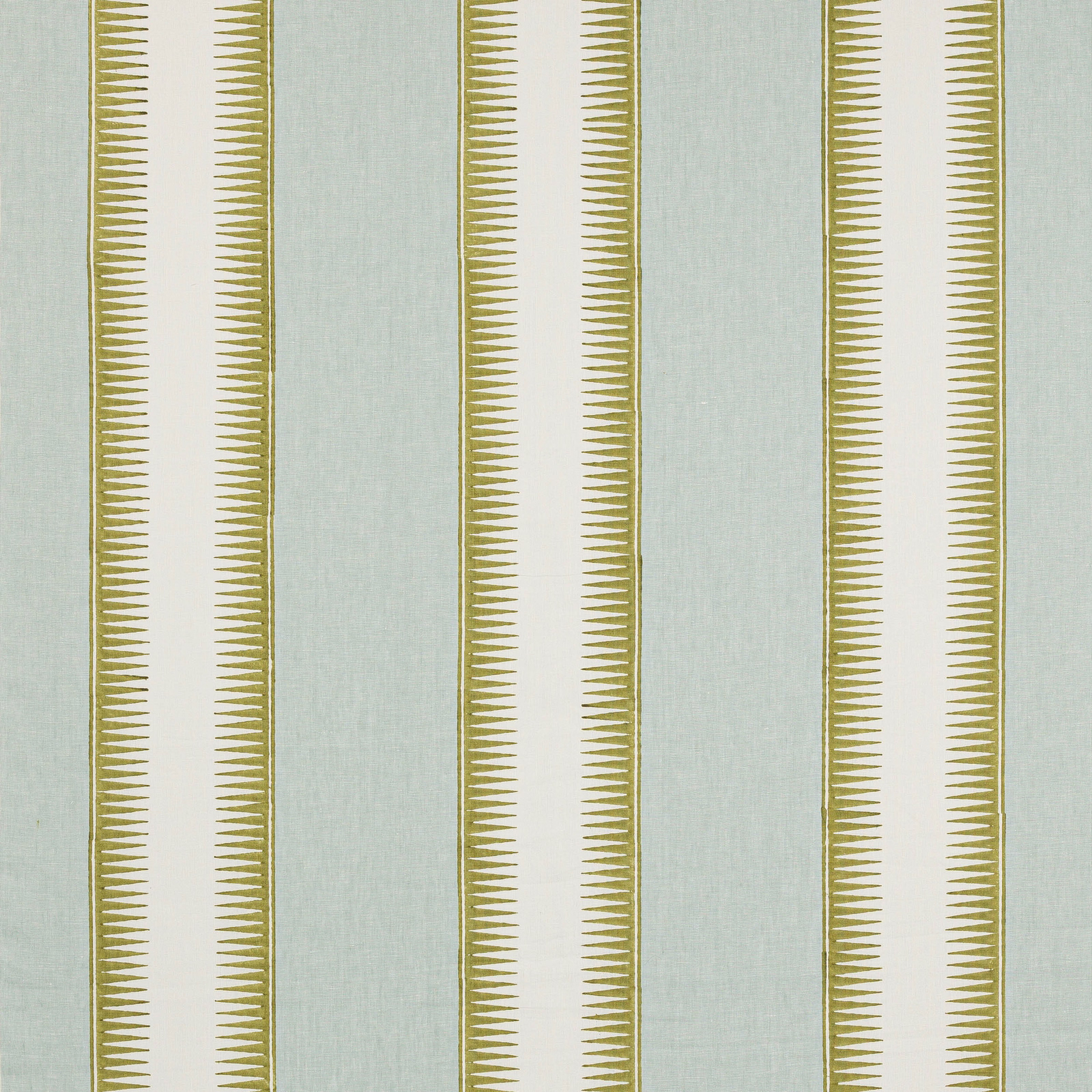Vertical aqua and lime striped linen fabric with fine woven texture