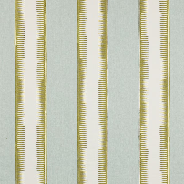 Vertical aqua and lime striped linen fabric with fine woven texture