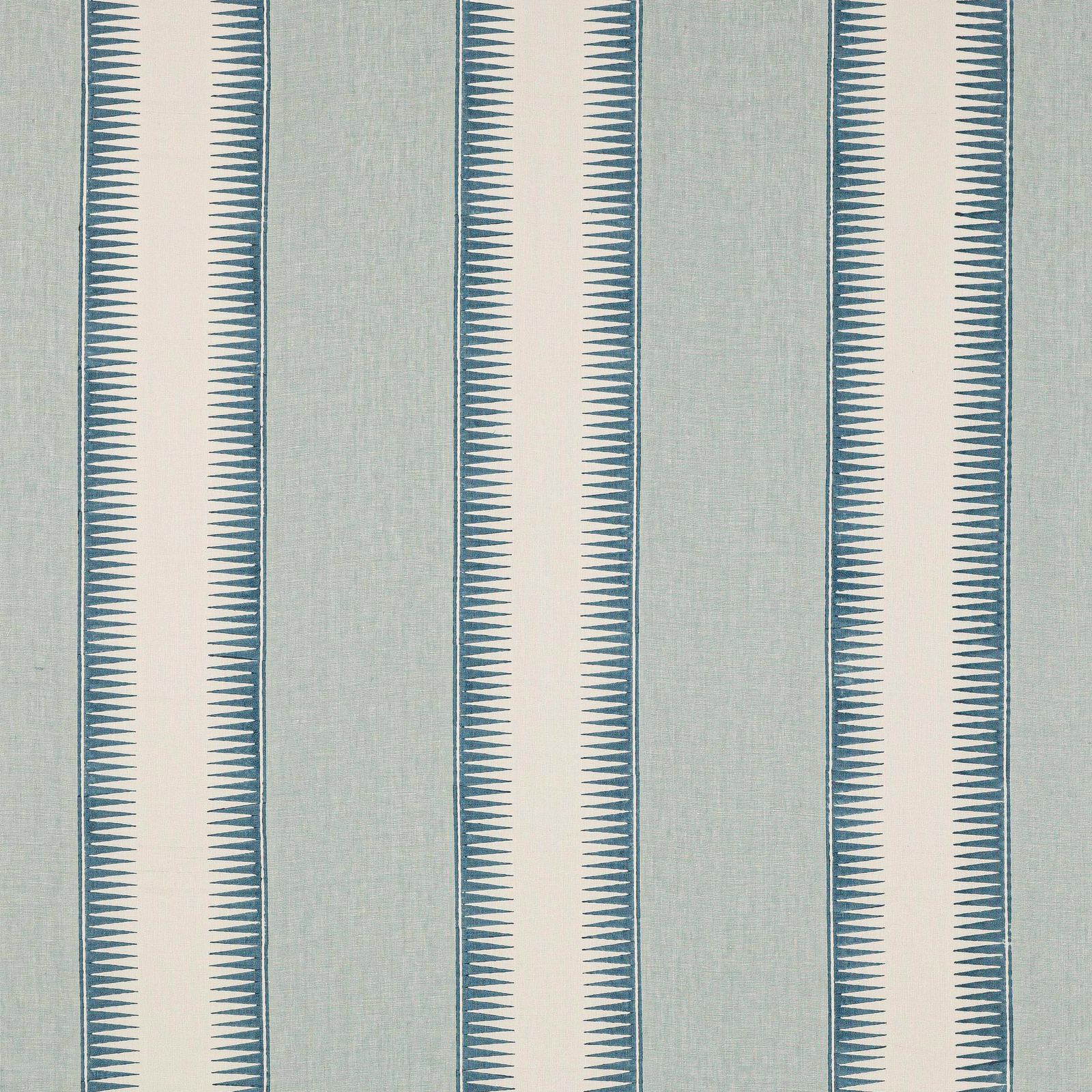 Pale aqua linen stripe fabric with narrow blue zigzag-edged bands
