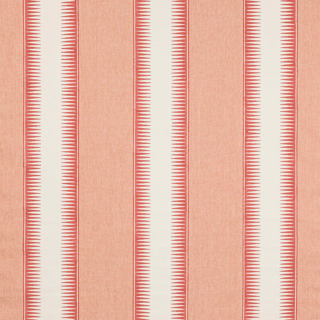 Coral red striped linen swatch with serrated vertical bands