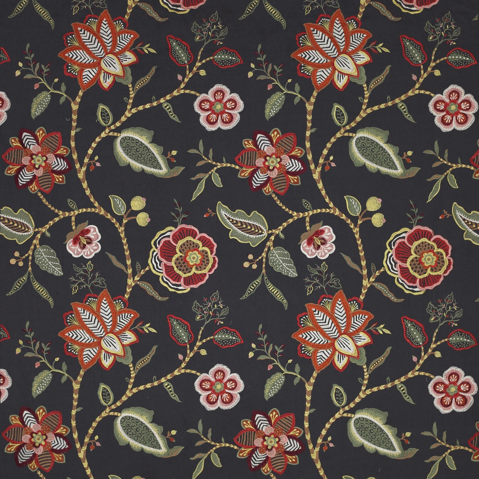 Dark charcoal floral fabric with embroidered-style red, green and ochre motifs