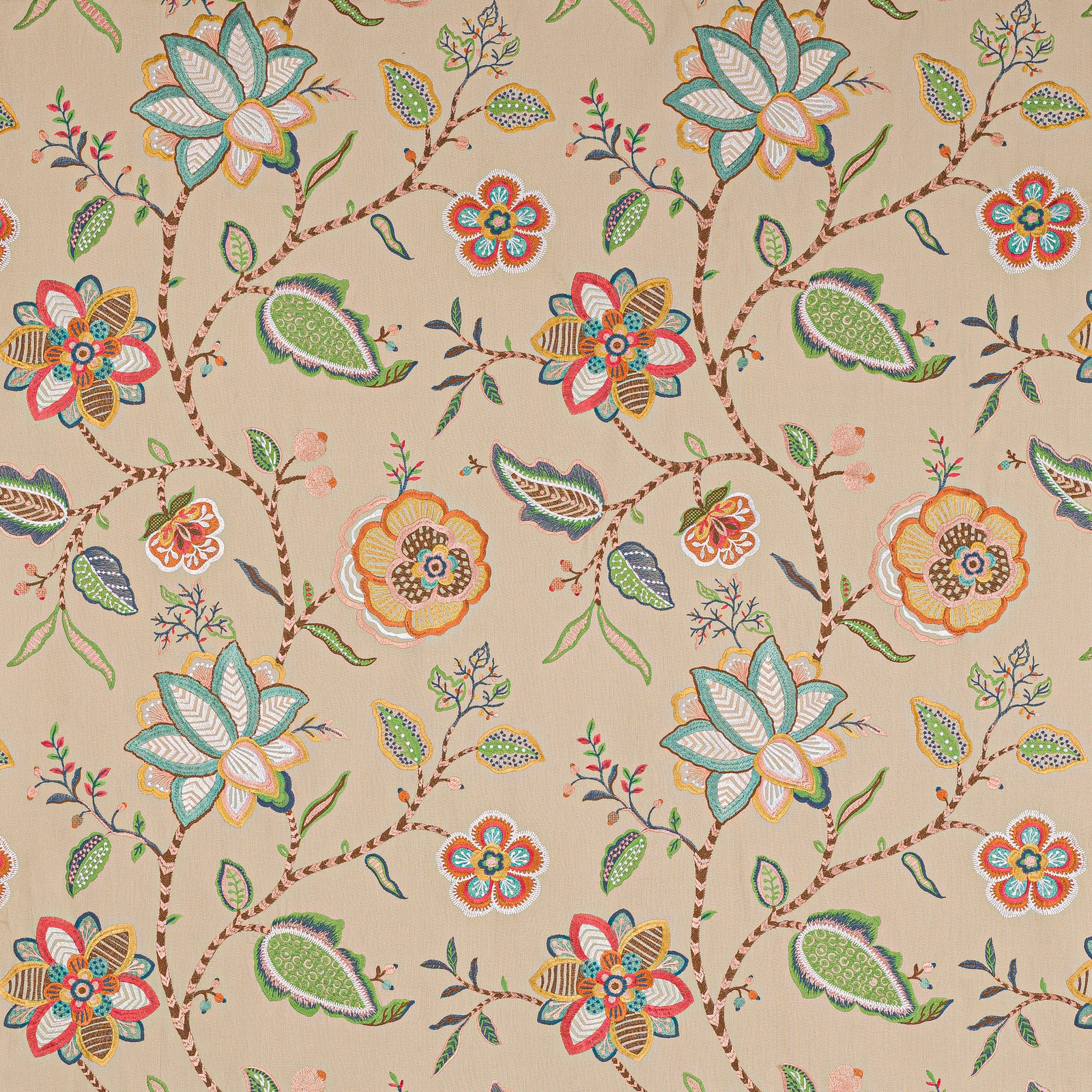 Beige floral vine fabric with aqua, copper and coral embroidered-style blooms