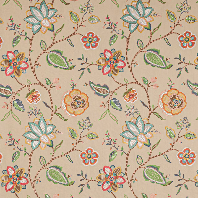 Beige floral vine fabric with aqua, copper and coral embroidered-style blooms