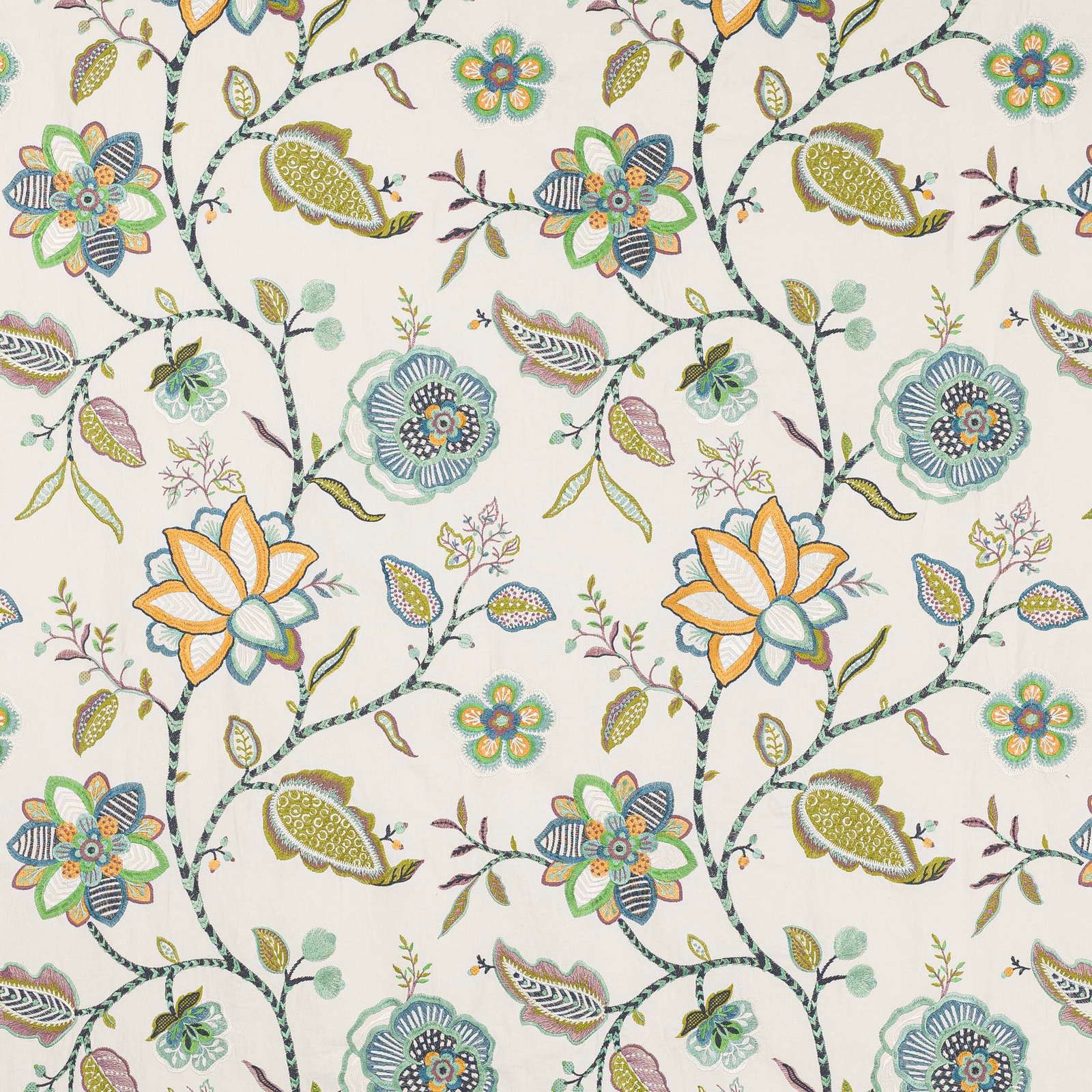 Ivory fabric with large green-blue floral vines and multicoloured botanical motifs