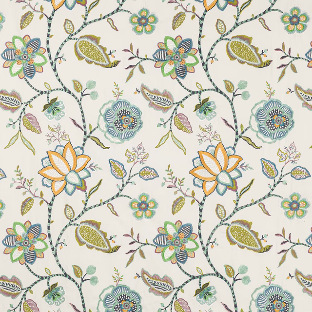 Ivory fabric with large green-blue floral vines and multicoloured botanical motifs