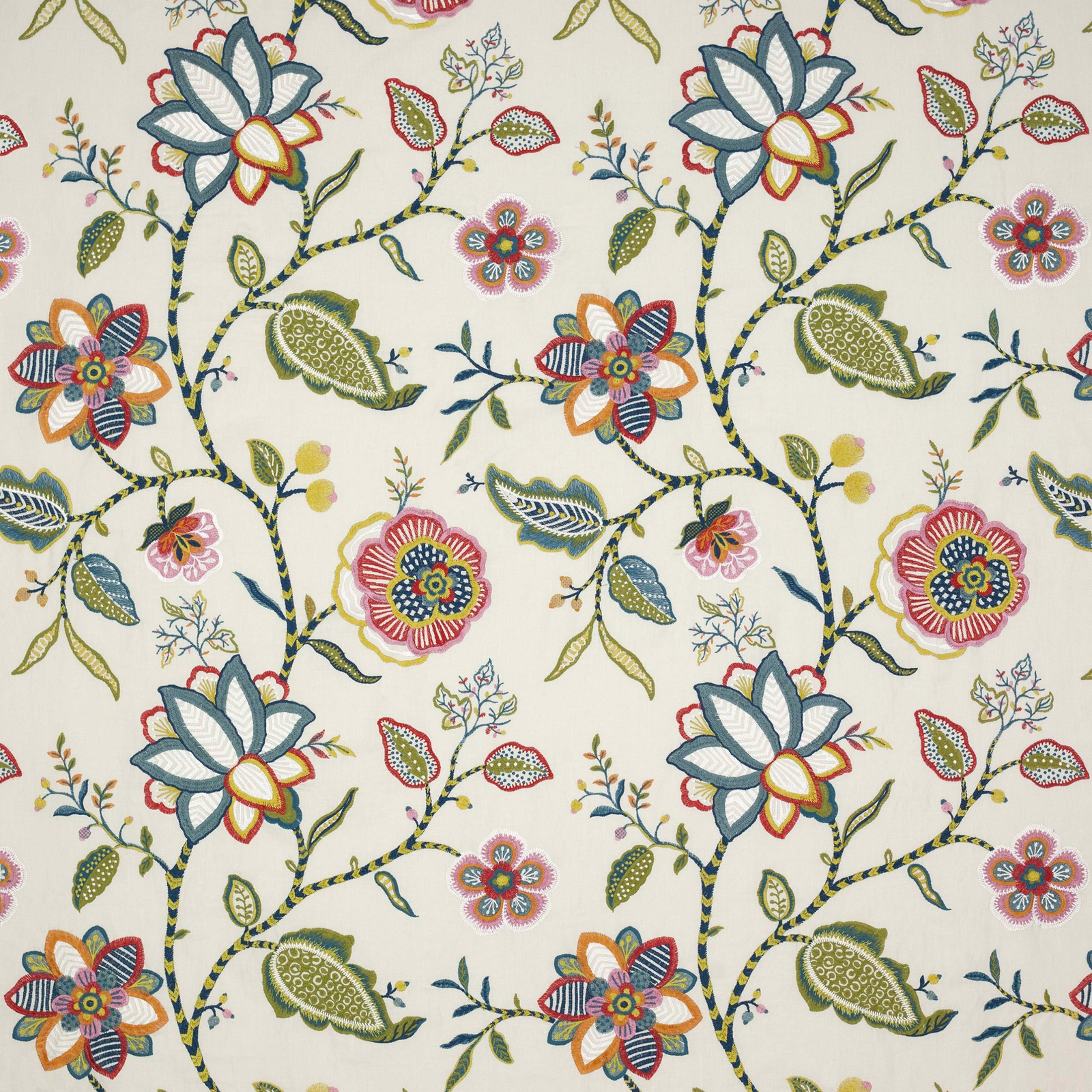 Ivory fabric swatch with large red, blue and green floral vine pattern