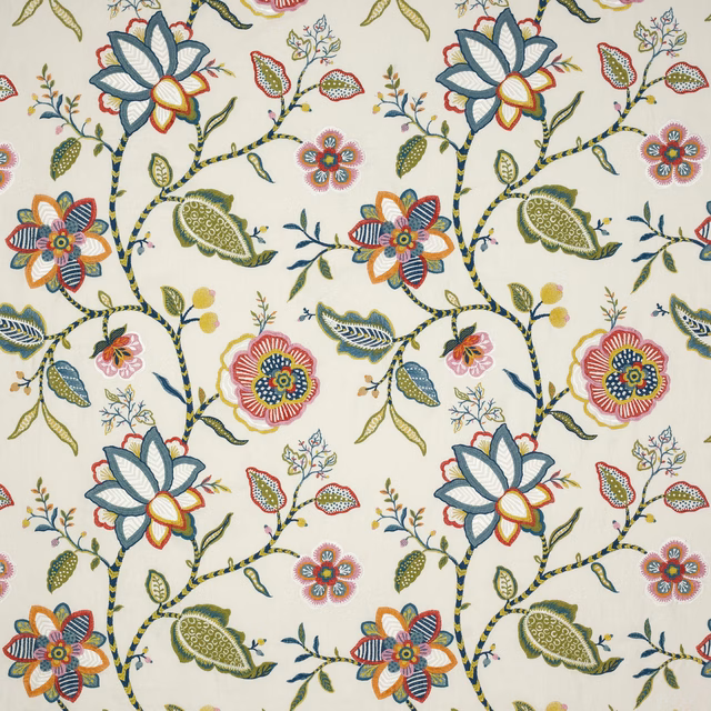 Ivory fabric swatch with large red, blue and green floral vine pattern