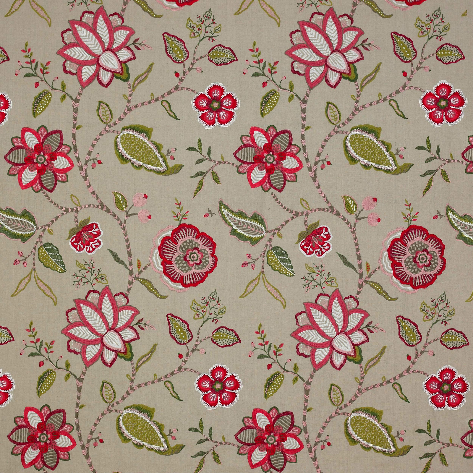 Botanical floral fabric swatch with red and green embroidered-style flowers on a natural ground