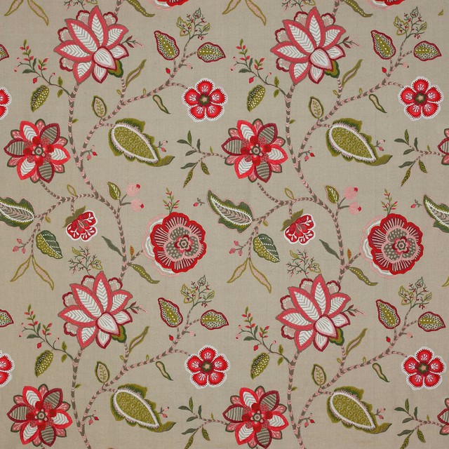 Botanical floral fabric swatch with red and green embroidered-style flowers on a natural ground