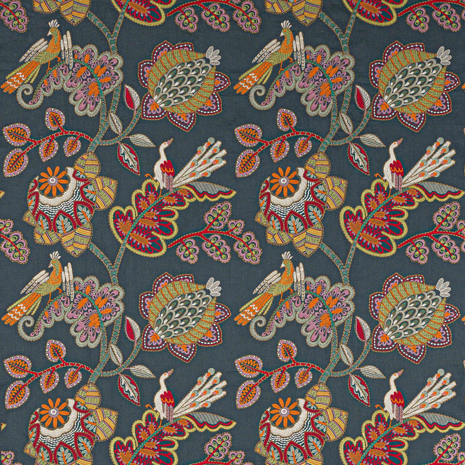 Embroidered floral and bird motifs on a deep indigo woven fabric swatch