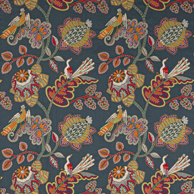 Embroidered floral and bird motifs on a deep indigo woven fabric swatch