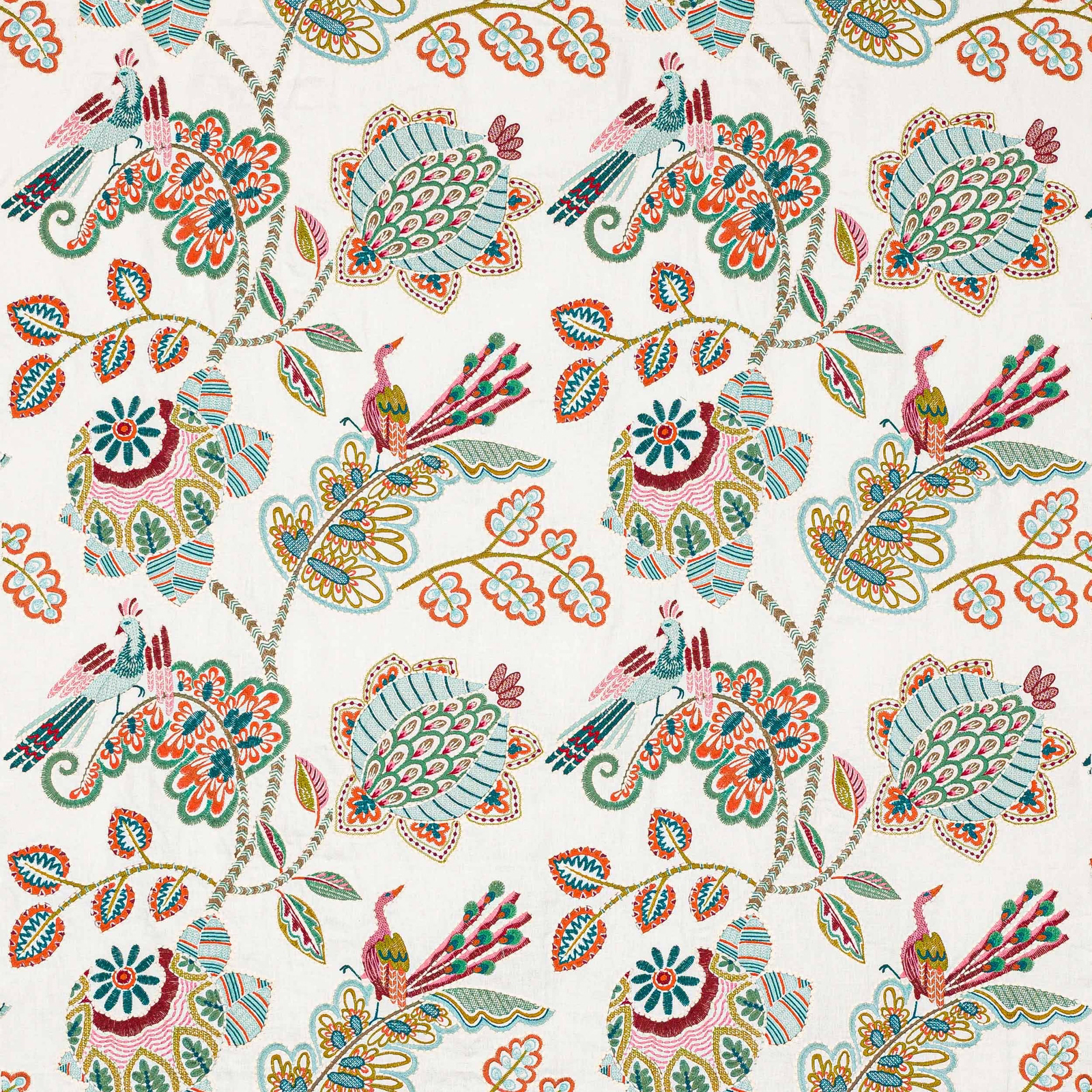 Ivory fabric swatch with large multicolour embroidered floral and peacock motifs