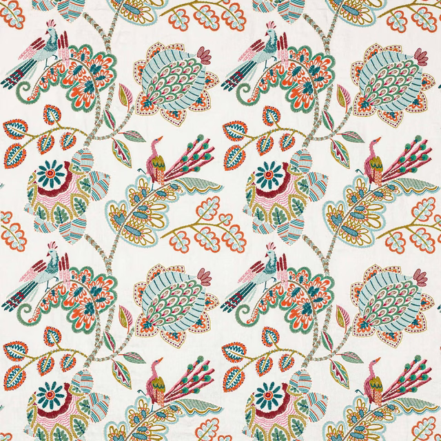 Ivory fabric swatch with large multicolour embroidered floral and peacock motifs