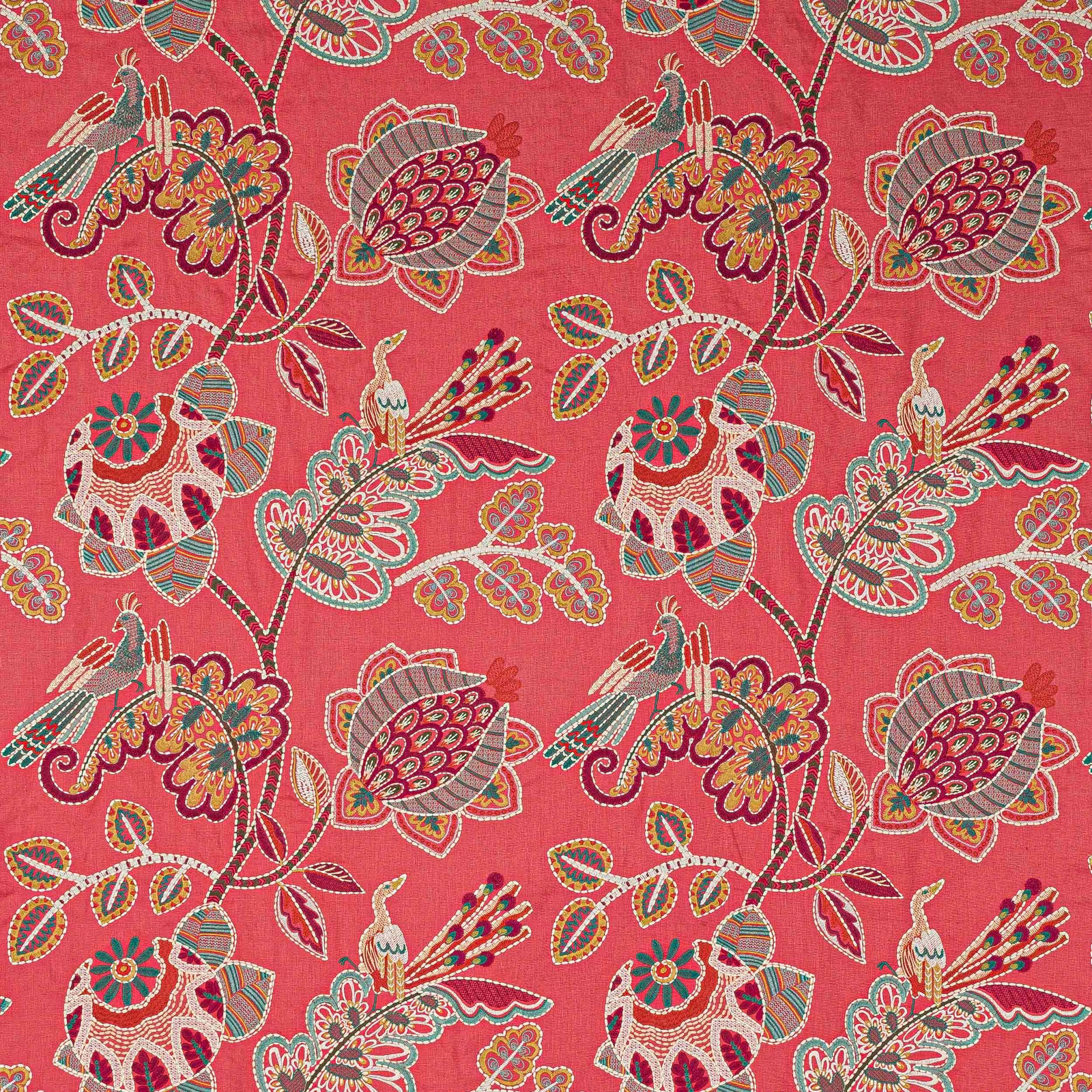 Coral-red patterned fabric with birds, florals and scrolling leaves