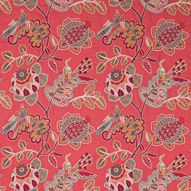 Coral-red patterned fabric with birds, florals and scrolling leaves