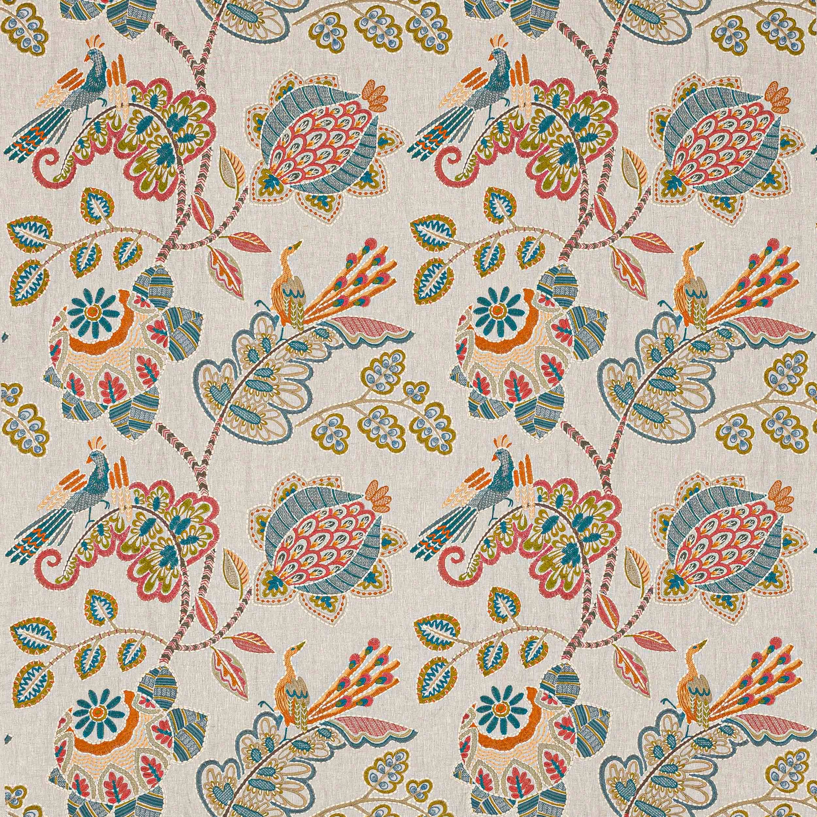 Embroidered floral and bird motif fabric in tomato red, slate, teal and ochre on a pale linen ground