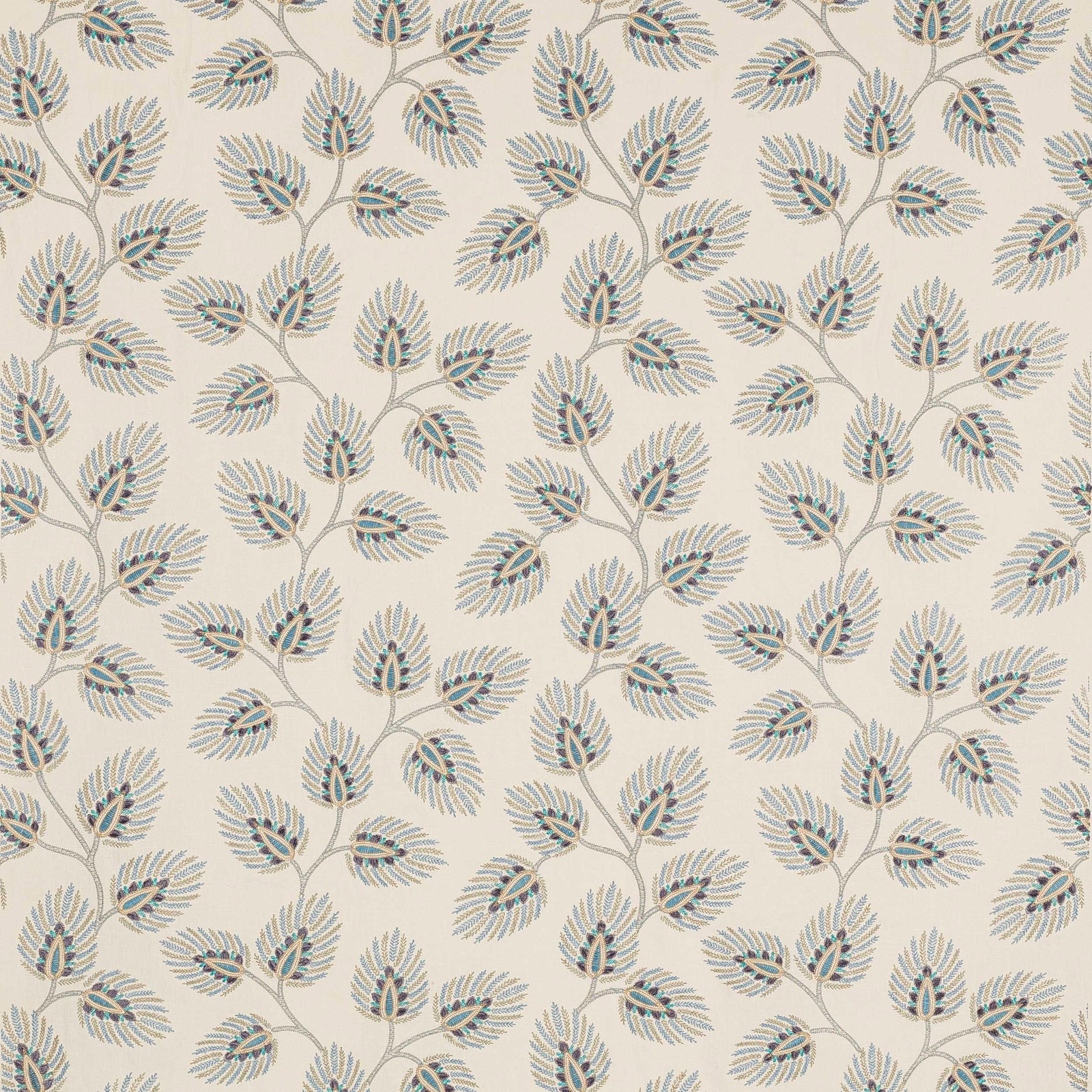Cream fabric with repeating leafy botanical sprigs in muted peacock blue and teal