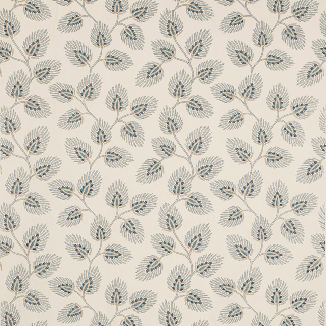 Cream fabric with repeating leafy botanical sprigs in muted peacock blue and teal