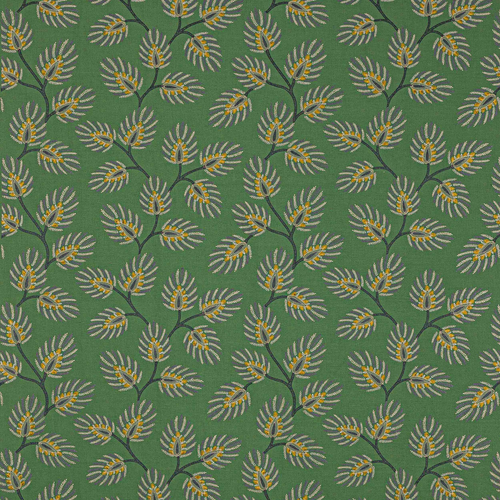 Leafy green botanical fabric with small ivory and gold sprays on a textured ground