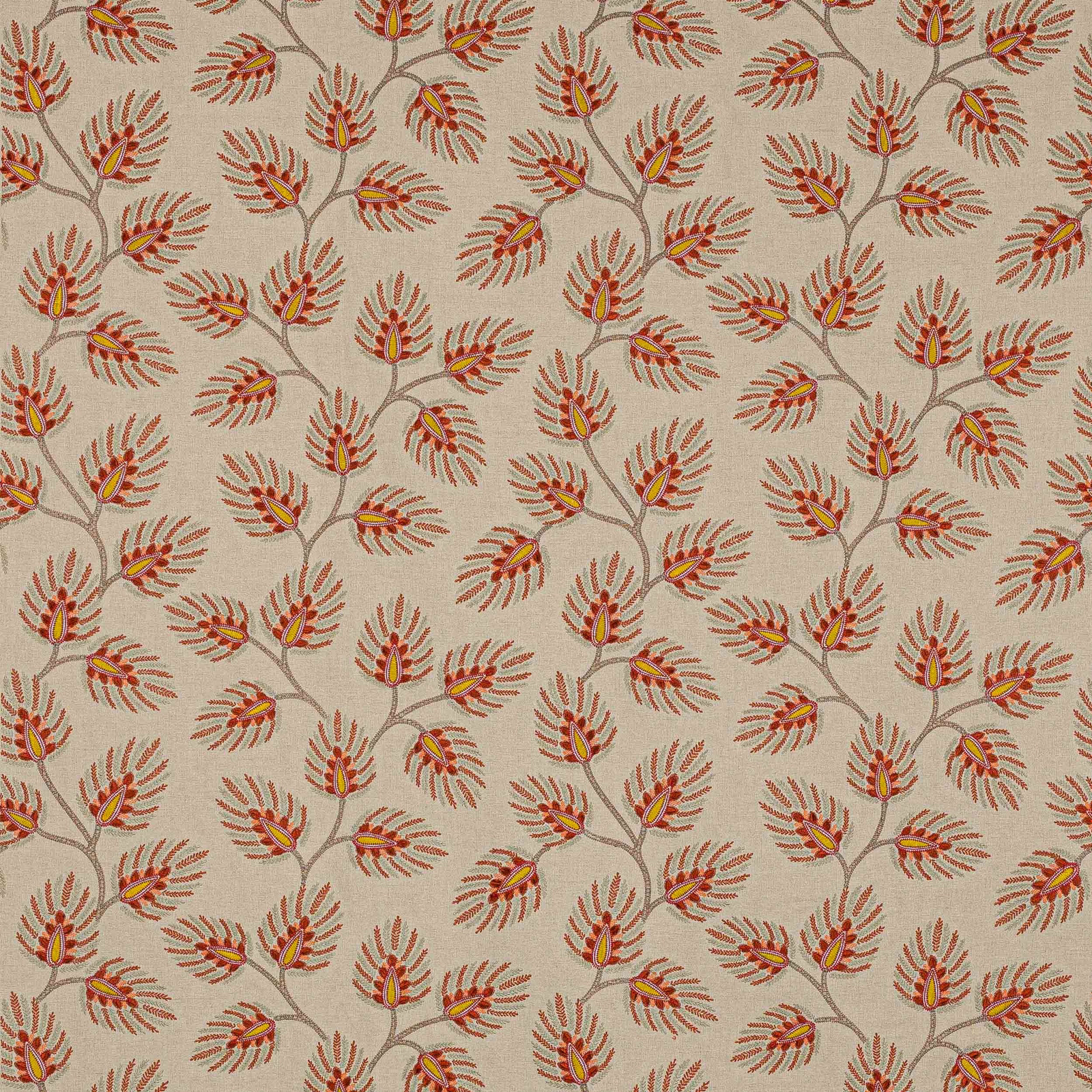 Cream ground fabric with scrolling leaf motif in terracotta, coral and taupe