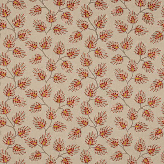 Cream ground fabric with scrolling leaf motif in terracotta, coral and taupe