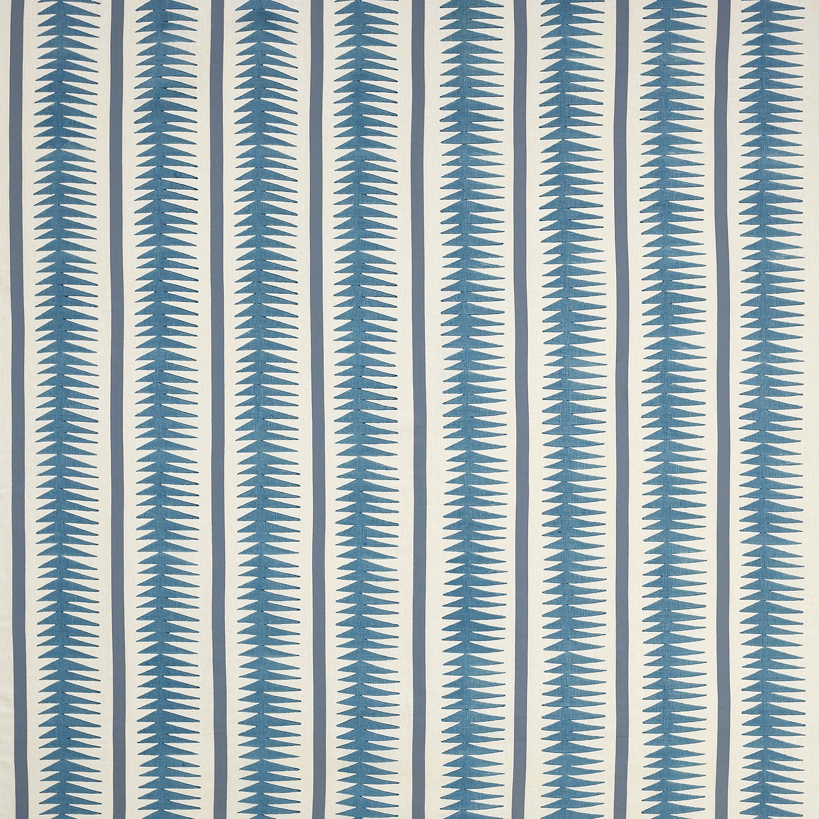 Ivory fabric with narrow muted blue vertical chevron stripes