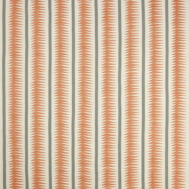 Vertical burnt orange serrated stripe fabric on a pale ground