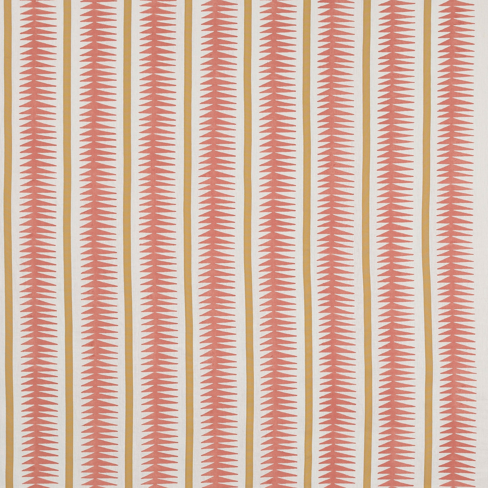 Coral triangular vertical stripe fabric on a pale linen ground
