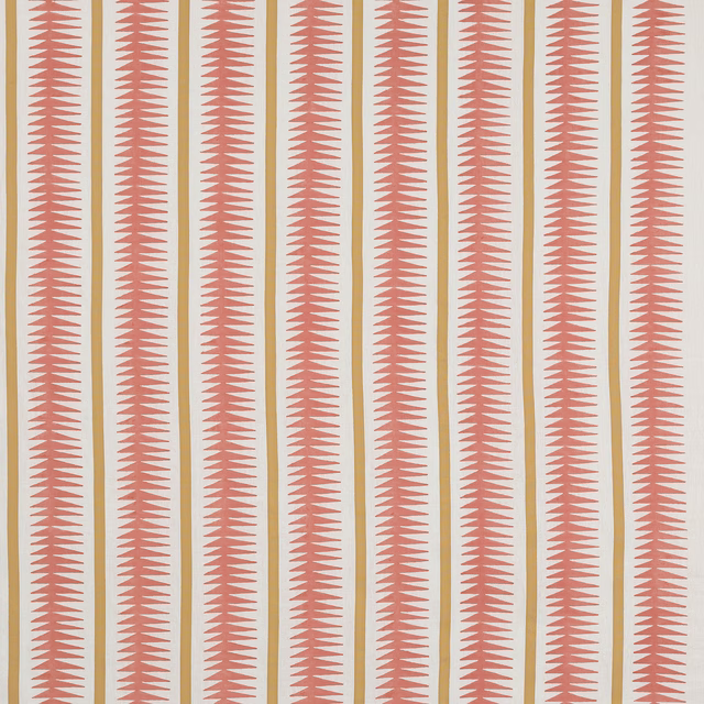 Coral triangular vertical stripe fabric on a pale linen ground