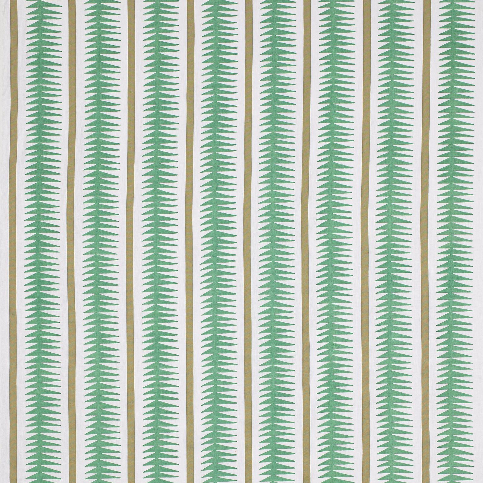 Vertical green leaf motifs on a pale ground in a crisp striped fabric